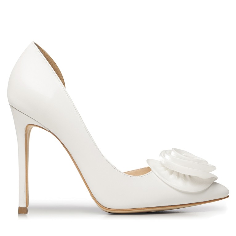 Pantofi de mireasa albi cu floare satin si accesoriu pietre Adele