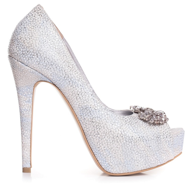 Pantofi de mireasa cu platforma snake print alb accesorizati cu cristale Brigitte