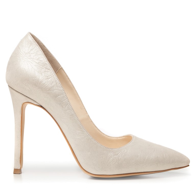 Pantofi stiletto argintii cu presaj flori Classy