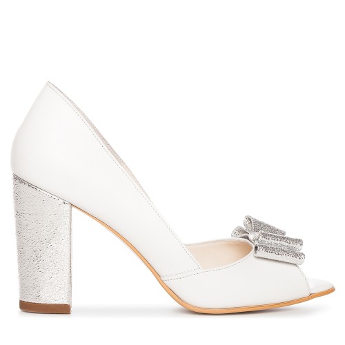 Pantofi mireasa albi toc gros si funda argintie Peep Toe