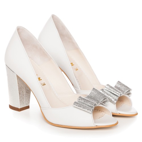 Pantofi mireasa albi toc gros si funda argintie Peep Toe