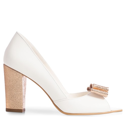 Pantofi mireasa albi toc gros si funda Peep Toe