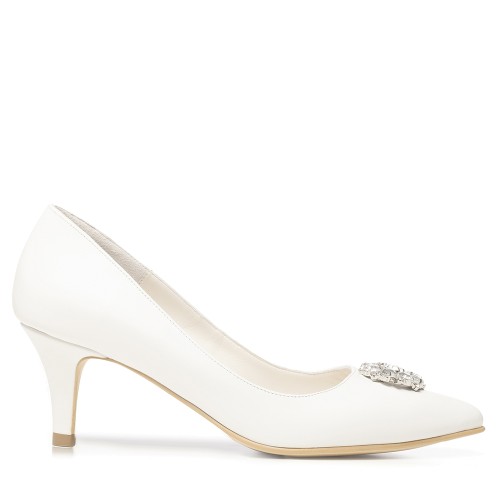 Pantofi de mireasa albi cu toc mic si accesoriu pietre cristal Celeste