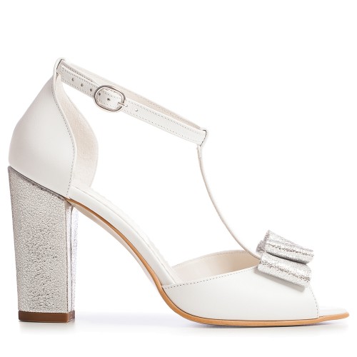 Sandale mireasa albe cu toc gros si funda Peep Toe