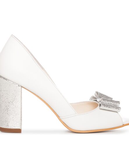 Pantofi mireasa albi toc gros si funda argintie Peep Toe