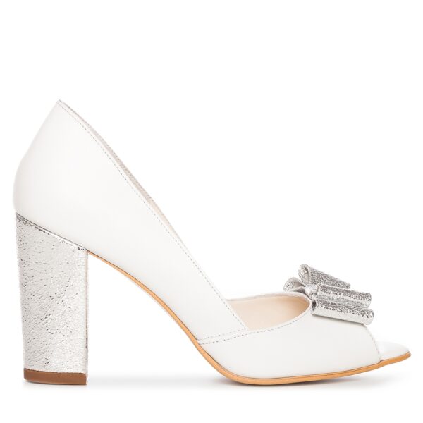 Pantofi mireasa albi toc gros si funda argintie Peep Toe