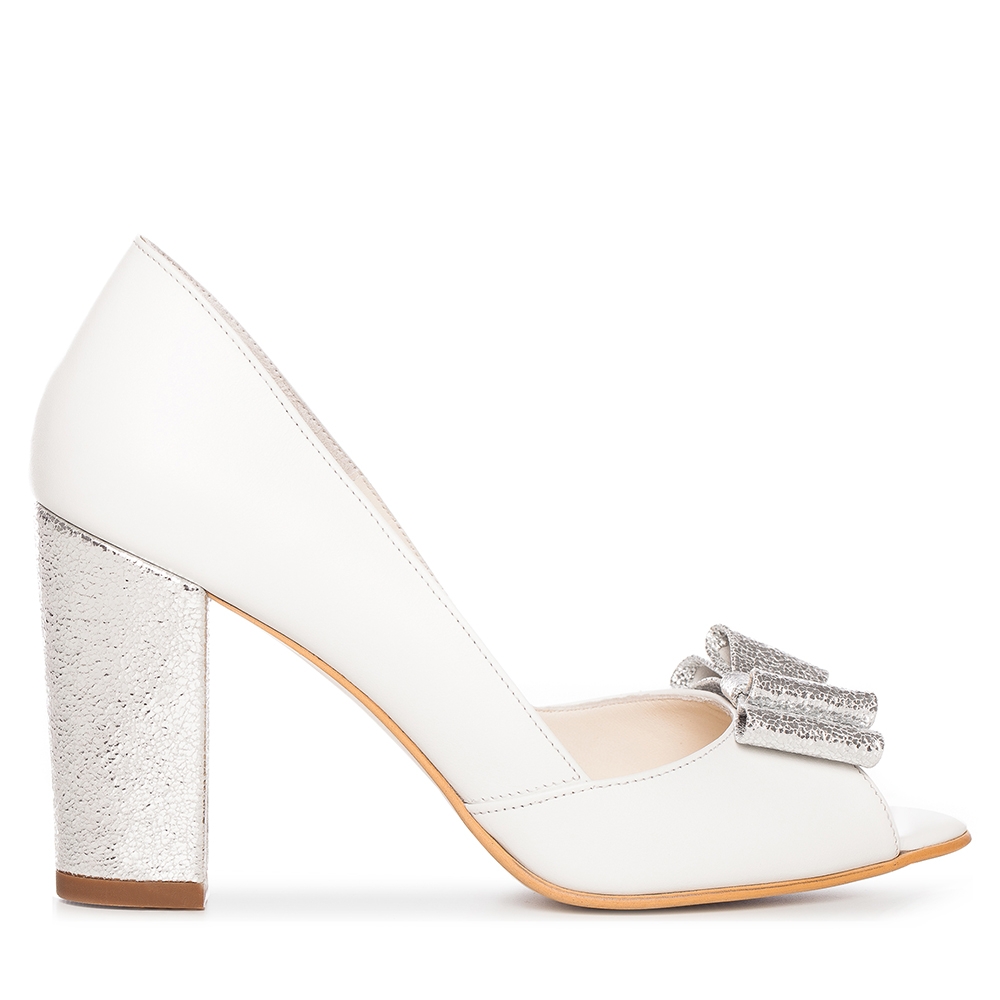 Pantofi mireasa albi toc gros si funda argintie Peep Toe