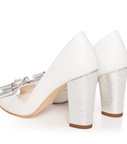 Pantofi mireasa albi toc gros si funda argintie Peep Toe