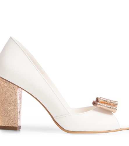 Pantofi mireasa albi toc gros si funda Peep Toe
