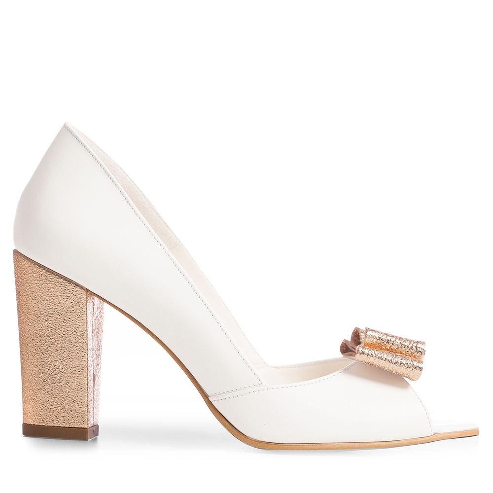 Pantofi mireasa albi toc gros si funda Peep Toe