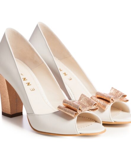 Pantofi mireasa albi toc gros si funda Peep Toe