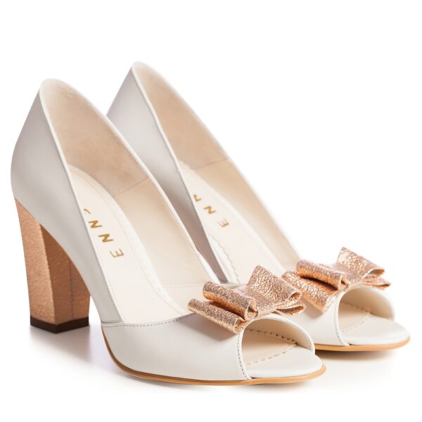 Pantofi mireasa albi toc gros si funda Peep Toe