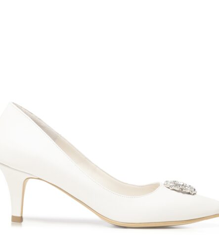 Pantofi de mireasa albi cu toc mic si accesoriu pietre cristal Celeste