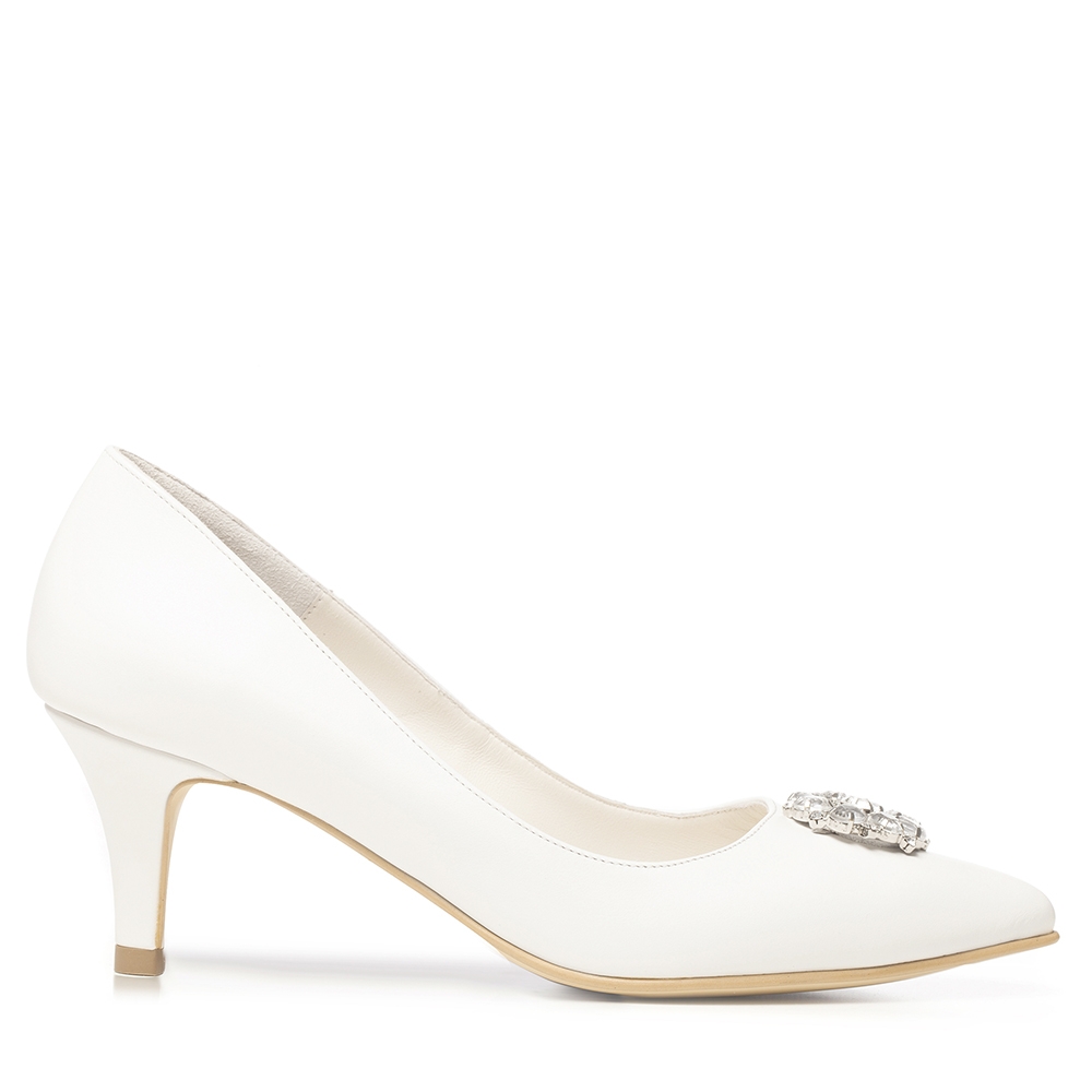 Pantofi de mireasa albi cu toc mic si accesoriu pietre cristal Celeste