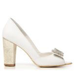 Pantofi mireasa albi toc gros si funda aurie Peep Toe