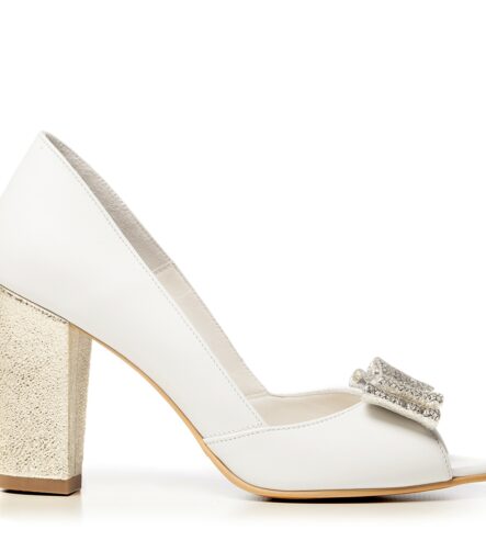Pantofi mireasa albi toc gros si funda aurie Peep Toe