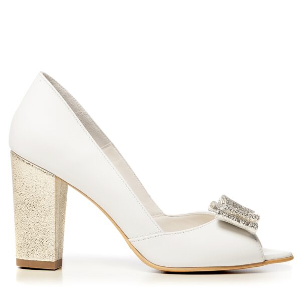 Pantofi mireasa albi toc gros si funda aurie Peep Toe