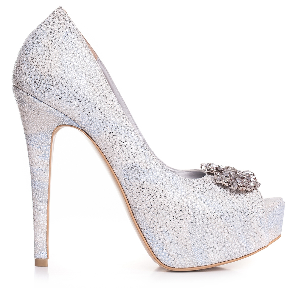 Pantofi de mireasa cu platforma snake print alb accesorizati cu cristale Brigitte