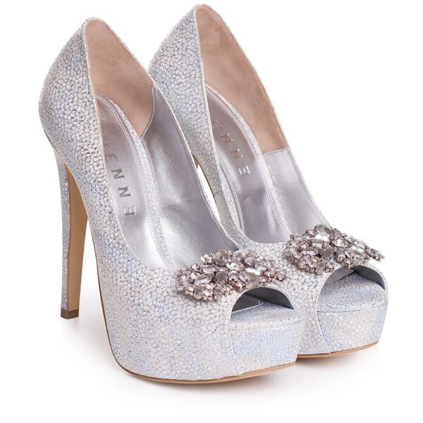 Pantofi de mireasa cu platforma snake print alb accesorizati cu cristale Brigitte