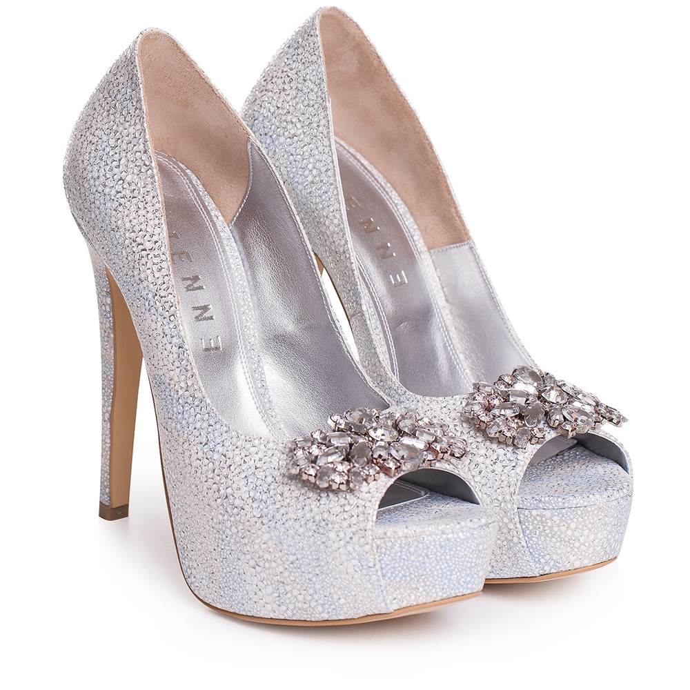 Pantofi de mireasa cu platforma snake print alb accesorizati cu cristale Brigitte