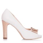 Pantofi de mireasa albi cu platforma si fundita rose gold Claire