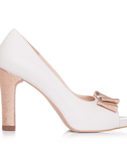 Pantofi de mireasa albi cu platforma si fundita rose gold Claire
