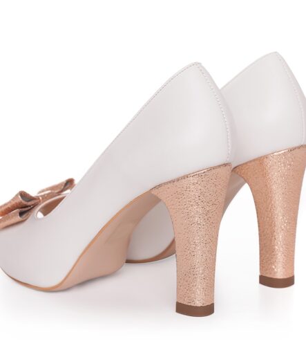 Pantofi de mireasa albi cu platforma si fundita rose gold Claire