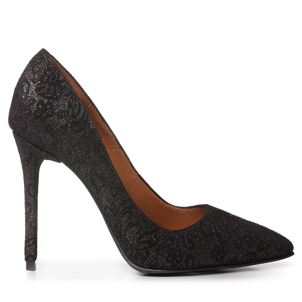 Pantofi stiletto de ocazie negri cu presaj floral Classy