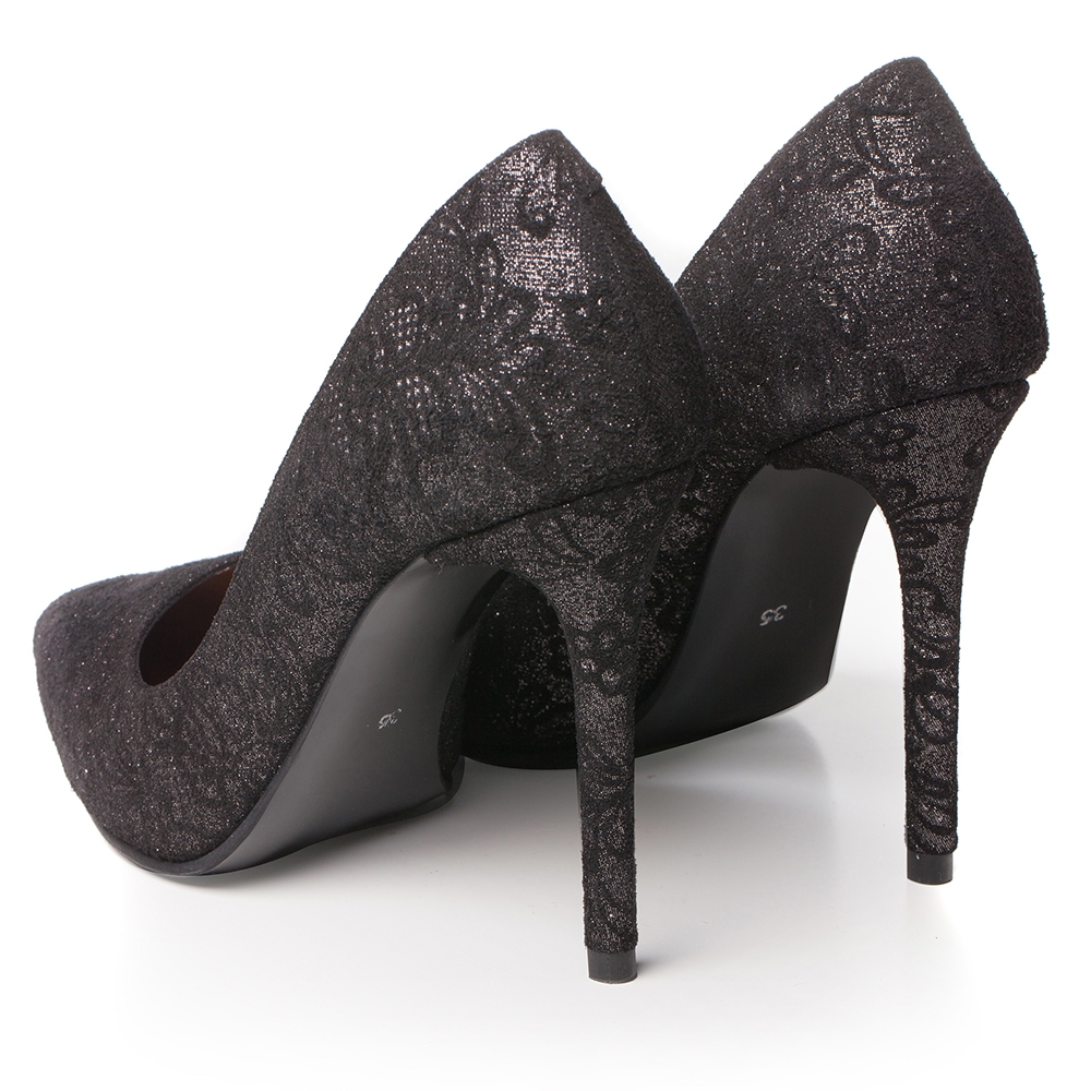 Pantofi stiletto de ocazie negri cu presaj floral Classy