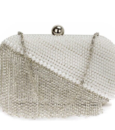 Plic de mireasa alb cu perle si cristale Tassel