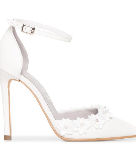 Pantofi mireasa albi cu bareta pe glezna Chloe Flower