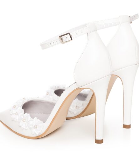 Pantofi mireasa albi cu bareta pe glezna Chloe Flower