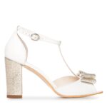Sandale mireasa albe cu toc gros si funda aurie Peep Toe