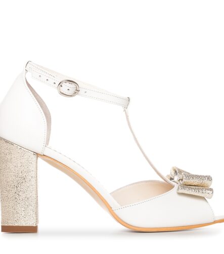 Sandale mireasa albe cu toc gros si funda aurie Peep Toe