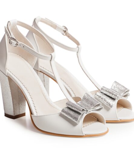 Sandale mireasa albe cu toc gros si funda Peep Toe