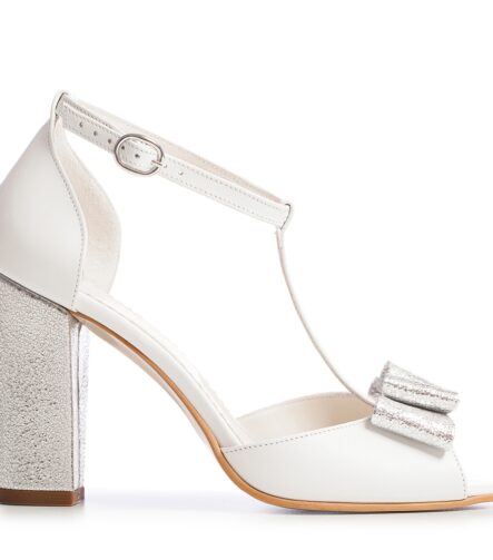 Sandale mireasa albe cu toc gros si funda Peep Toe