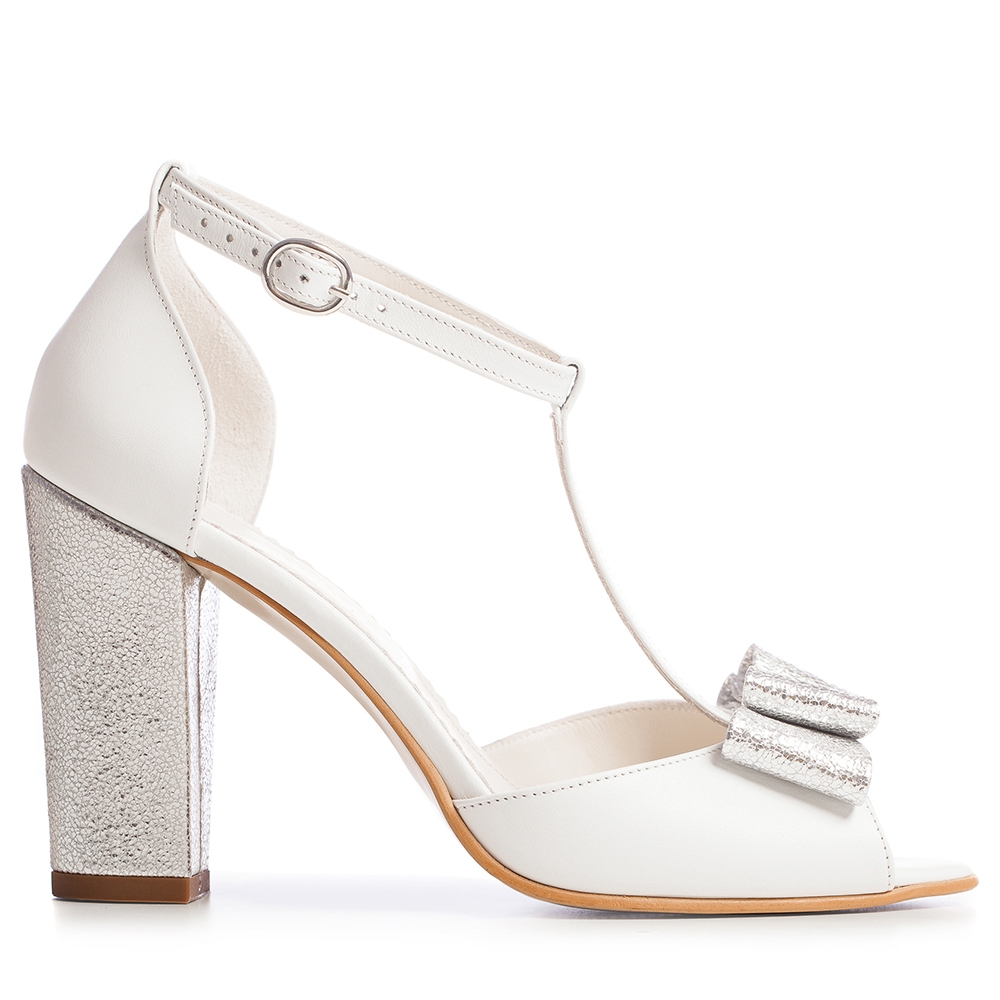 Sandale mireasa albe cu toc gros si funda Peep Toe