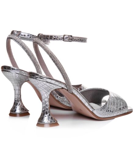 Sandale de mireasa argintii croco cu varf patrat si accesorii Madeleine