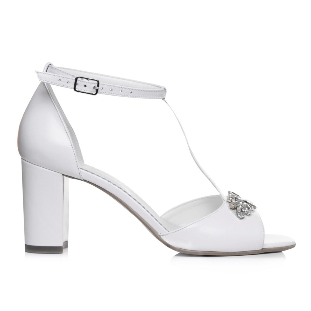 Sandale mireasa albe cu toc gros si accesoriu Peep Toe