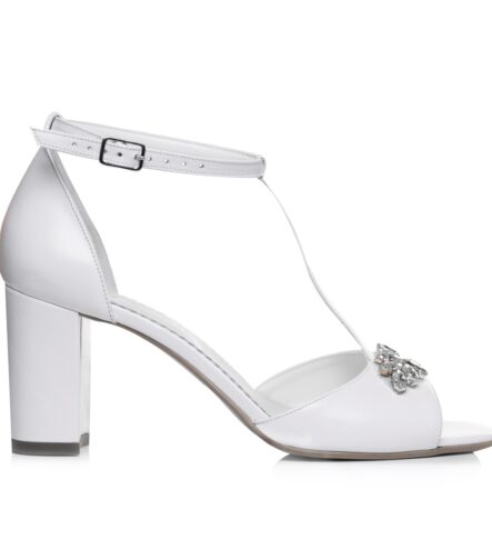Sandale mireasa albe cu toc gros si accesoriu Peep Toe