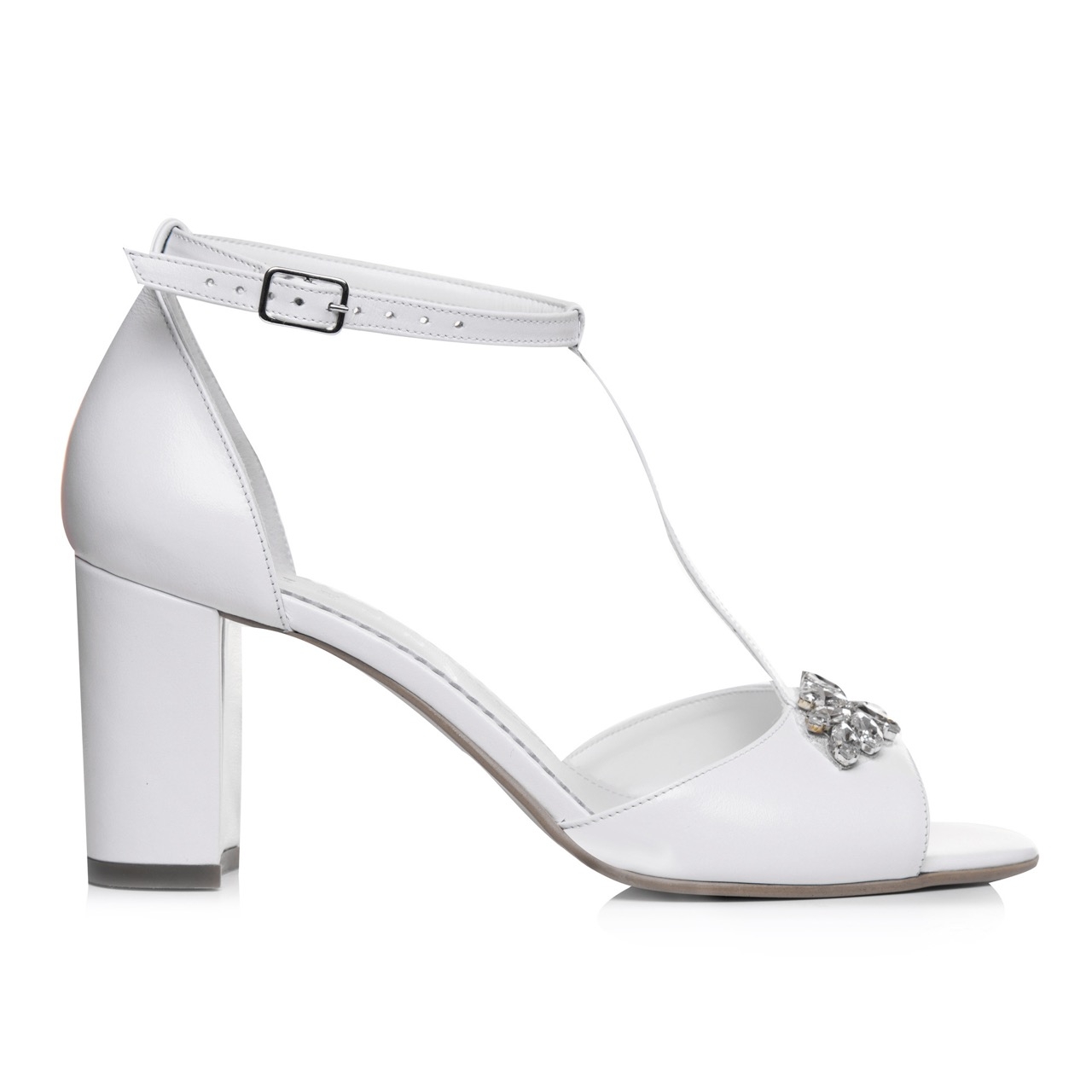 Sandale mireasa albe cu toc gros si accesoriu Peep Toe Sandale mireasa albe cu toc gros si accesoriu Peep Toe