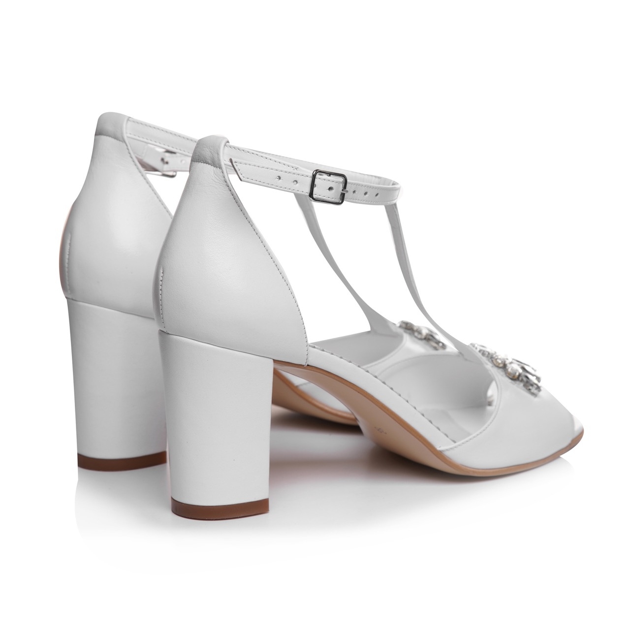 Sandale mireasa albe cu toc gros si accesoriu Peep Toe